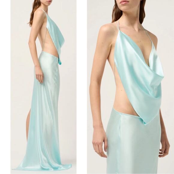 Michael Lo Sordo Iced Bias Draped Asymmetric Silk Maxi Dress in Blue Size 4 - Picture 4 of 12
